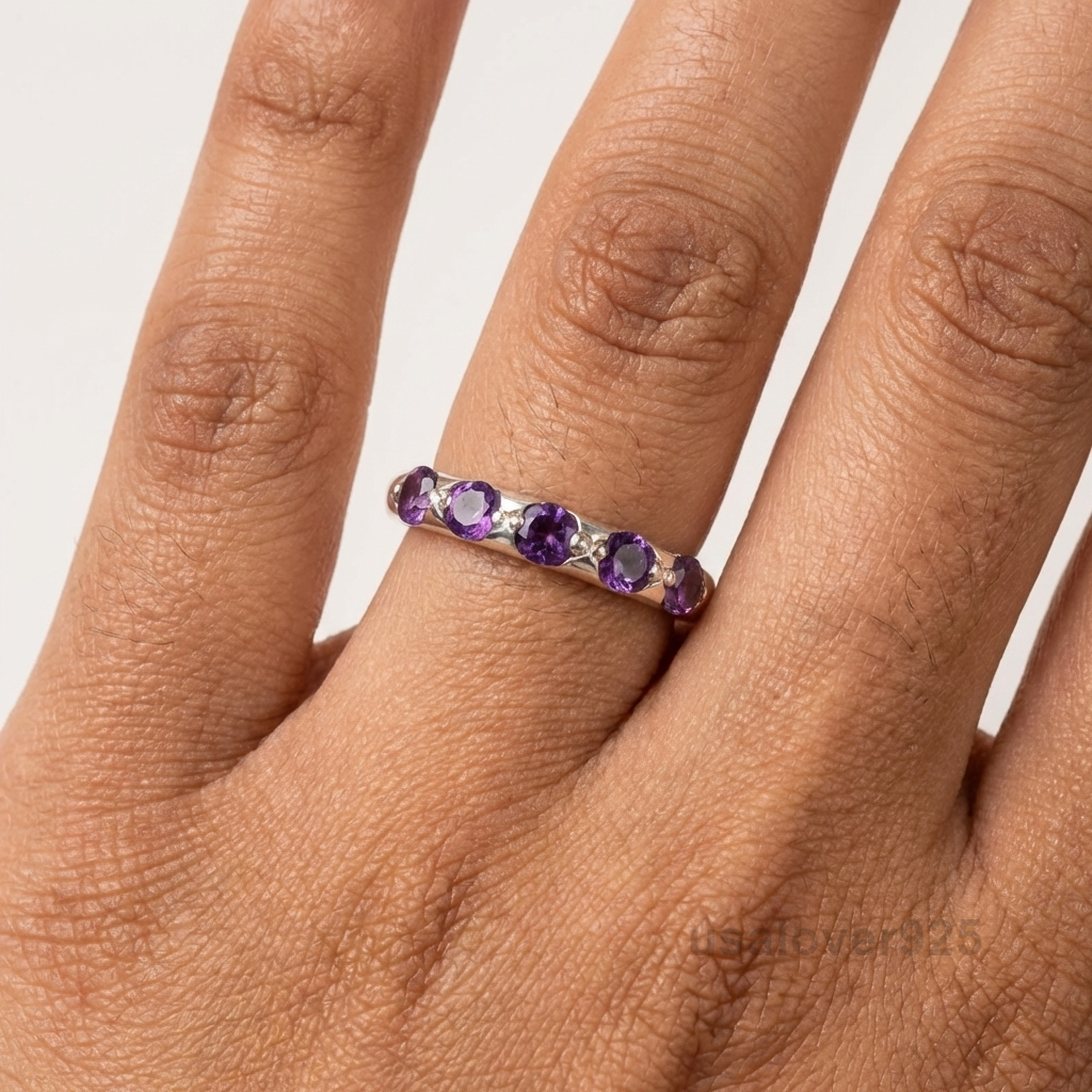 Amethyst Purple Stone Women's Half Eternity Band, 925 Sterling Silver Ring