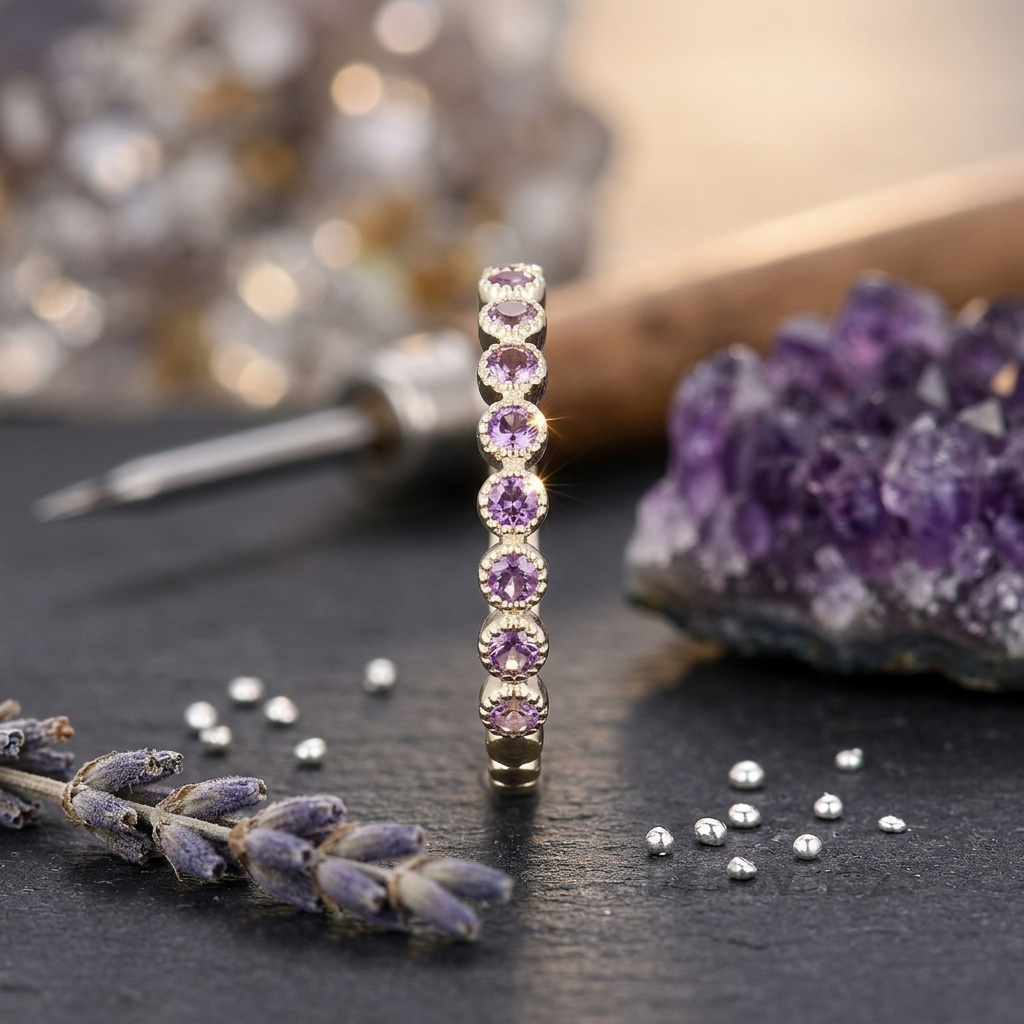 Amethyst Gemstone Women's Half Eternity Band, 925 Sterling Silver Ring