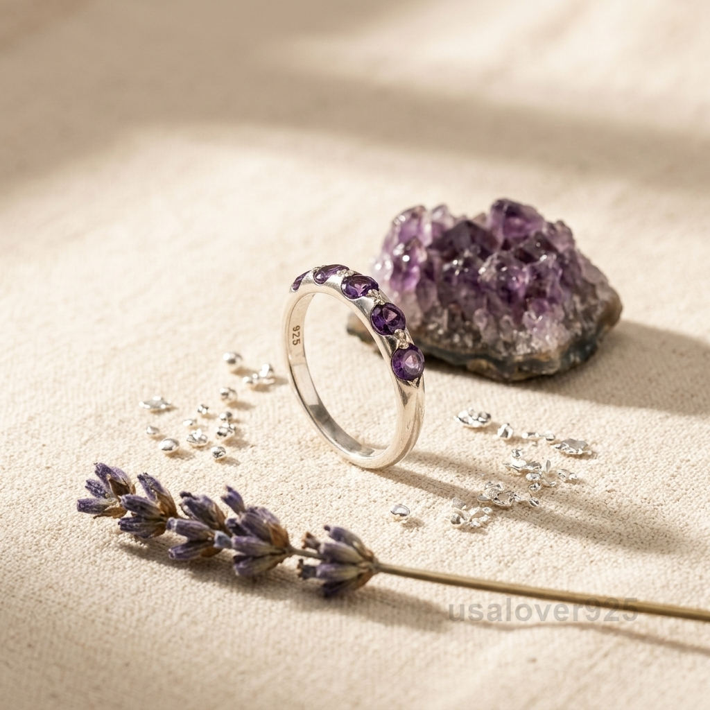 Amethyst Purple Stone Women's Half Eternity Band, 925 Sterling Silver Ring