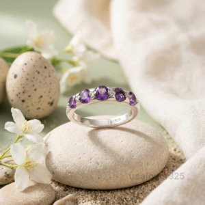 Amethyst Purple Stone Women's Half Eternity Band, 925 Sterling Silver Ring