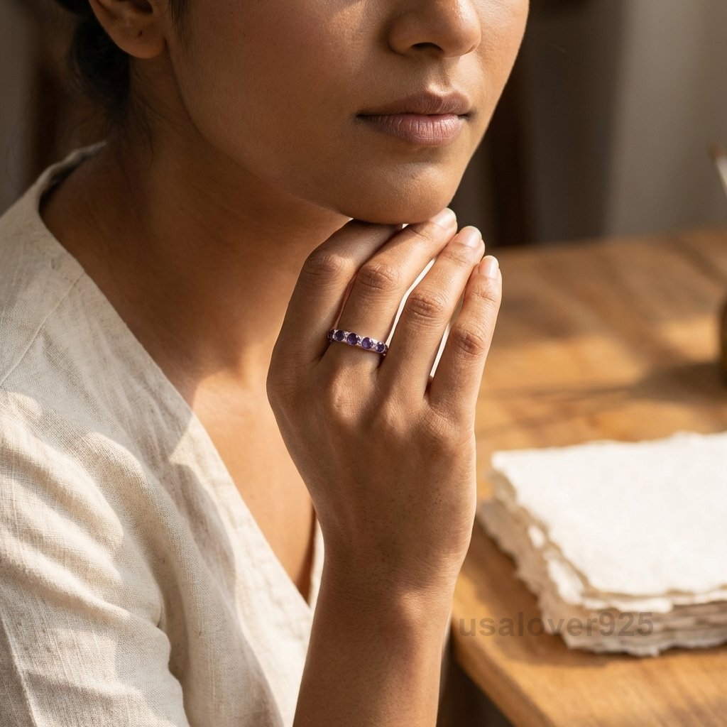 Amethyst Purple Stone Women's Half Eternity Band, 925 Sterling Silver Ring