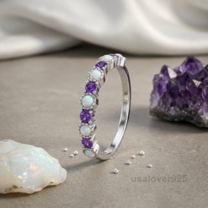 Sterling Silver Amethyst & Opal Ring | February & October Birthstone Band