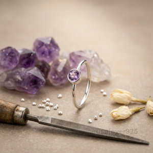 Amethyst Round Stone Women's Ring, 925 Sterling Silver Handmade Jewelry