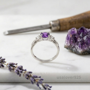 Amethyst Solitaire Ring, 925 Sterling Silver Purple Gemstone Jewelry