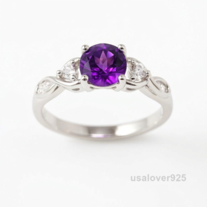 Amethyst Solitaire Ring, 925 Sterling Silver Purple Gemstone Jewelry