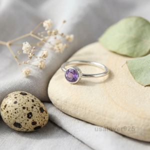 Amethyst Round Stone Women's Ring, 925 Sterling Silver Handmade Jewelry