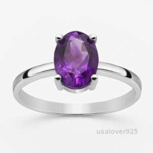 Amethyst Oval Stone Ring, 925 Sterling Silver Women’s Gemstone Band