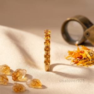 Yellow Citrine Stone Women's Half Eternity Band, 925 Solid Sterling Silver Ring