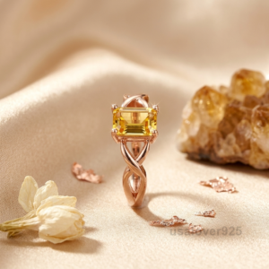 Citrine Stone Women's Ring, 925 Sterling Silver Yellow Statement Band