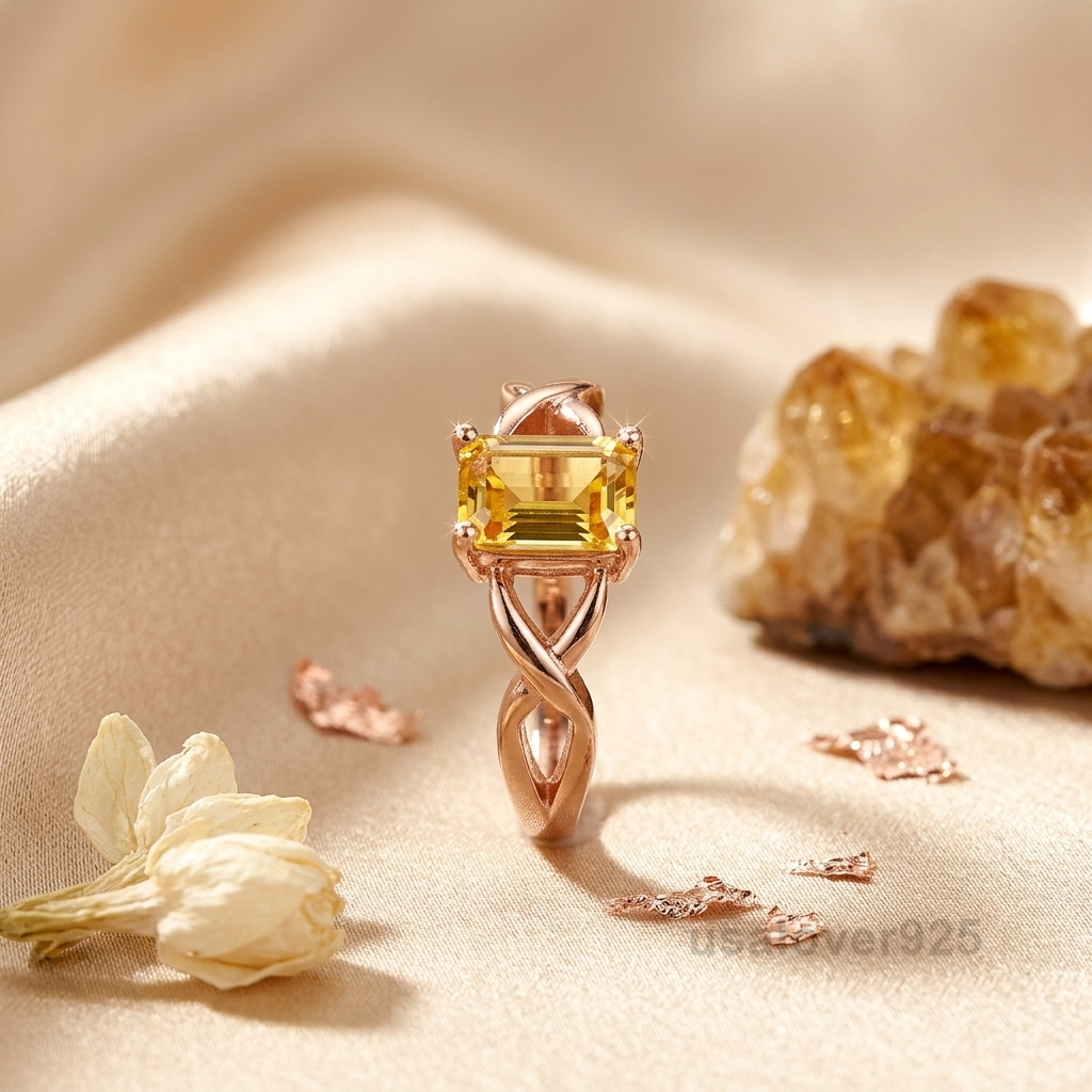 Citrine Stone Women's Ring, 925 Sterling Silver Yellow Statement Band