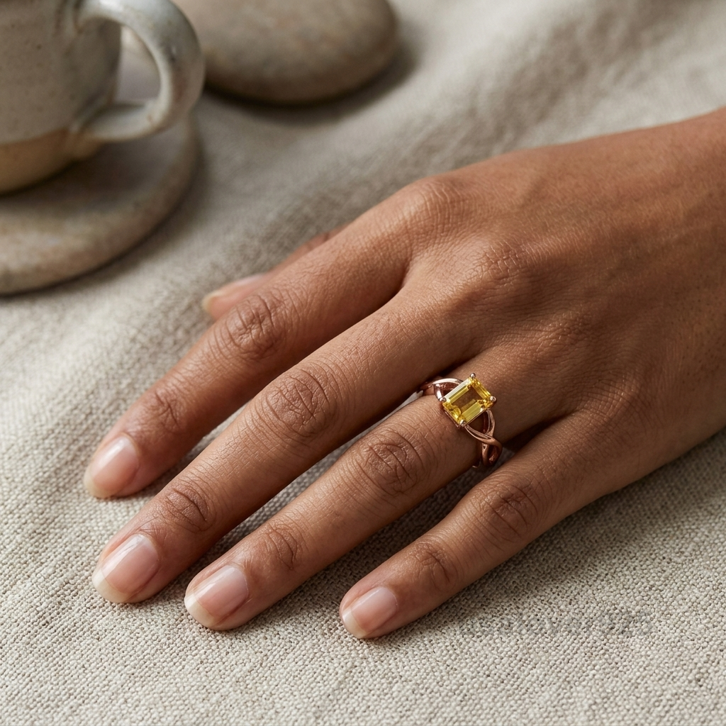 Citrine Stone Women's Ring, 925 Sterling Silver Yellow Statement Band