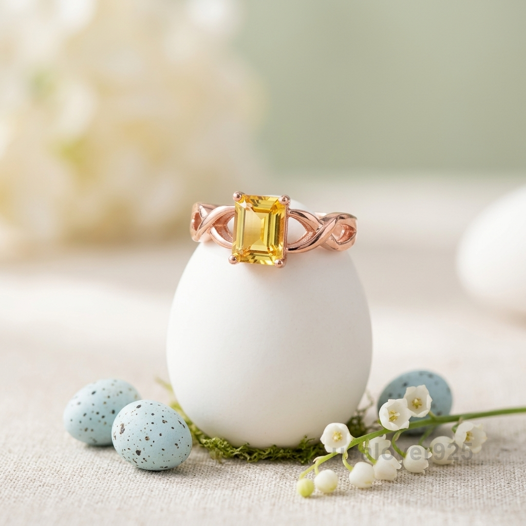 Citrine Stone Women's Ring, 925 Sterling Silver Yellow Statement Band