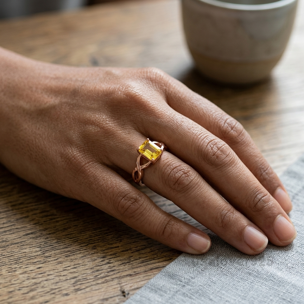 Citrine Stone Women's Ring, 925 Sterling Silver Yellow Statement Band