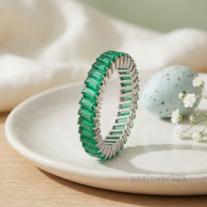 Emerald Baguette Stone Women's Full Eternity Band, 925 Solid Sterling Silver