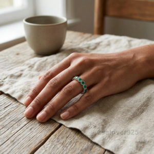 Emerald Green Half Eternity Band, 925 Sterling Silver Gemstone Jewelry