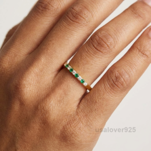 Emerald & CZ Stone Women's Eternity Band, 925 Solid Sterling Silver Jewelry