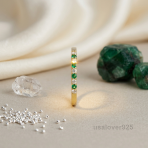 Emerald & CZ Stone Women's Eternity Band, 925 Solid Sterling Silver Jewelry