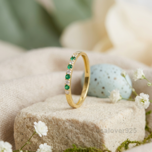 Emerald & CZ Stone Women's Eternity Band, 925 Solid Sterling Silver Jewelry