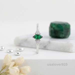 Emerald & CZ Gemstone Solitaire Ring – 925 Solid Sterling Silver