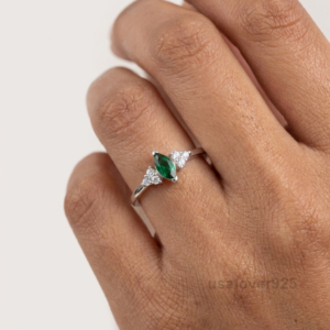Emerald & CZ Gemstone Solitaire Ring – 925 Solid Sterling Silver