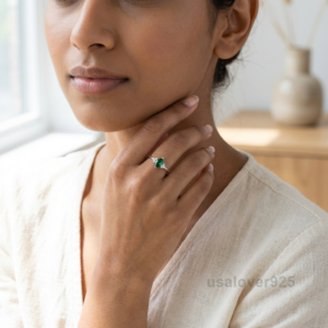 Emerald & CZ Gemstone Solitaire Ring – 925 Solid Sterling Silver