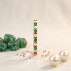 Emerald and Pearl Gemstone Women's Full Eternity Band, 925 Solid Sterling Silver