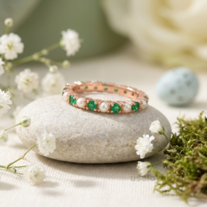 Emerald and Pearl Gemstone Women's Full Eternity Band, 925 Solid Sterling Silver