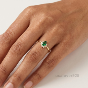 Emerald Pear Stone Solitaire Women's Ring, 925 Solid Sterling Silver