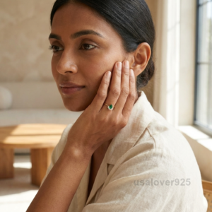 Emerald Pear Stone Solitaire Women's Ring, 925 Solid Sterling Silver