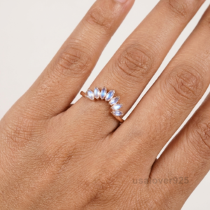 Moonstone V Shape Curved Chevron Eternity Band, 925 Solid Sterling Silver Ring