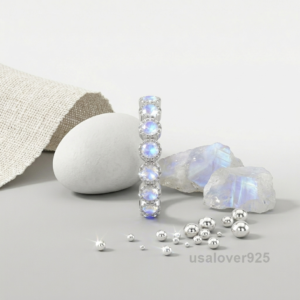 Moonstone Stone Half Eternity Band, 925 Sterling Silver Gemstone Ring