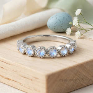 Moonstone Stone Half Eternity Band, 925 Sterling Silver Gemstone Ring