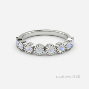 Moonstone Stone Half Eternity Band, 925 Sterling Silver Gemstone Ring