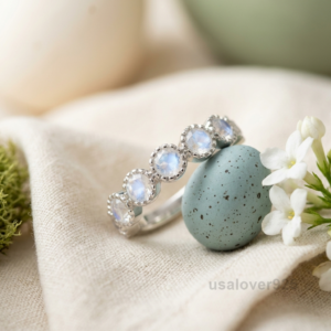 Moonstone Stone Half Eternity Band, 925 Sterling Silver Gemstone Ring