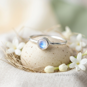 Moonstone Stone Simple Ring, 925 Sterling Silver Women's Band