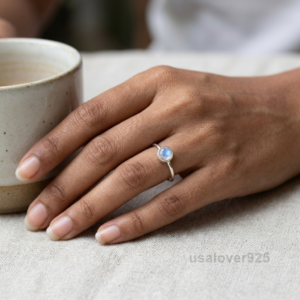 Moonstone Stone Simple Ring, 925 Sterling Silver Women's Band