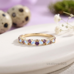 Moonstone & Amethyst Gemstone Band – 925 Solid Sterling Silver