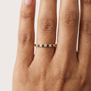 Black Onyx and CZ Stone Women's Half Eternity Band, 925 Solid Sterling Silver