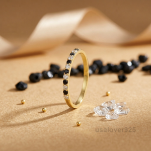 Black Onyx and CZ Stone Women's Half Eternity Band, 925 Solid Sterling Silver