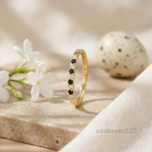 Black Onyx and CZ Stone Women's Half Eternity Band, 925 Solid Sterling Silver