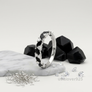 Black Onyx Half Eternity Band, 925 Sterling Silver Gemstone Jewelry