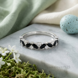Black Onyx Half Eternity Band, 925 Sterling Silver Gemstone Jewelry