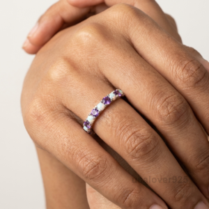 Amethyst and Opal Stone Women's Half Eternity Band, 925 Solid Sterling Silver