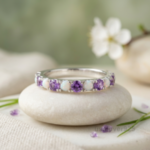 Amethyst and Opal Stone Women's Half Eternity Band, 925 Solid Sterling Silver
