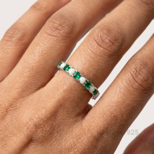 Emerald and Opal Stone Women's Eternity Band, 925 Solid Sterling Silver