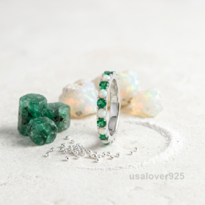 Emerald and Opal Stone Women's Eternity Band, 925 Solid Sterling Silver