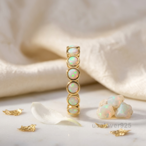 Opal Gemstone Women's Half Eternity Band, 925 Solid Sterling Silver