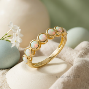 Opal Gemstone Women's Half Eternity Band, 925 Solid Sterling Silver