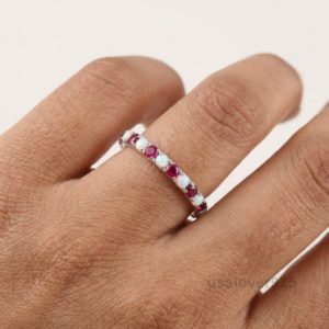Opal and Ruby Gemstone Women's Half Eternity Band, 925 Solid Sterling Silver