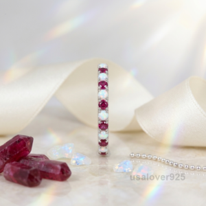 Opal and Ruby Gemstone Women's Half Eternity Band, 925 Solid Sterling Silver